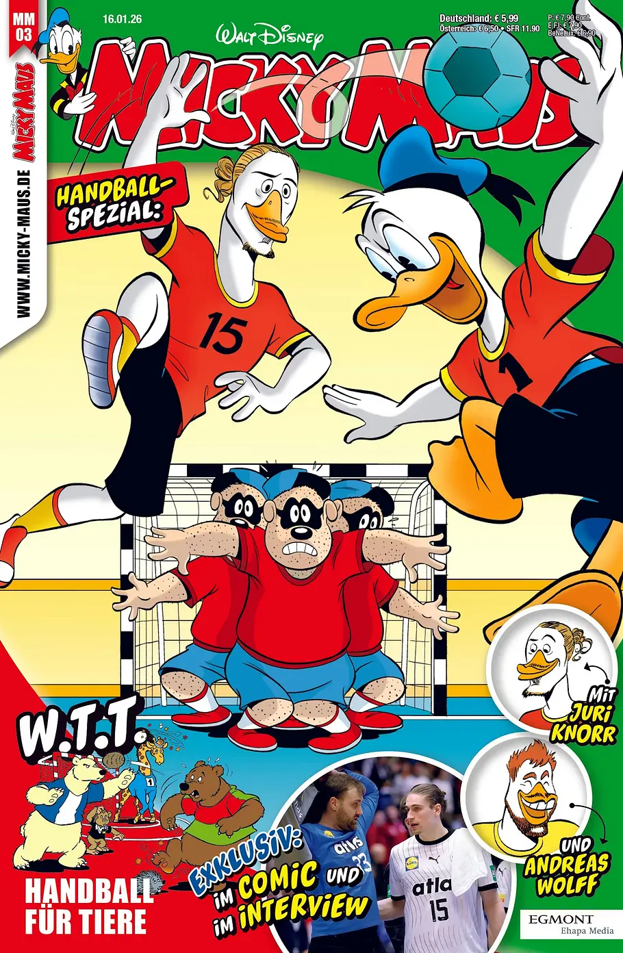 Cover von Micky Maus Magazin Handball Spezial mit Juri Knorr als Ente.