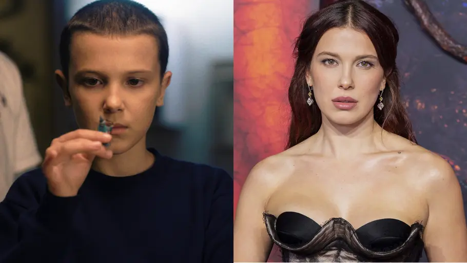 Millie Bobby Brown als Eleven Zwei Bilder nebeneinander: Links die Figur Eleven aus „Stranger Things“ mit kurz geschorenen Haaren, rechts ihre Schauspielerin Millie Bobby Brown als Erwachsene auf einem roten Teppich.