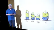 Pierre Coffin steht vor einer Leinwand auf der Zeichnungen von Minions zu sehen sind. - Foto: Pierre Coffin steht vor einer Leinwand auf der Zeichnungen von Minions zu sehen sind. Pierre Coffin steht vor einer Leinwand auf der Zeichnungen von Minions zu sehen sind. - Foto: Pierre Coffin steht vor einer Leinwand auf der Zeichnungen von Minions zu sehen sind.