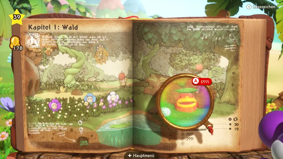 Mit der Lupe sind unbekannte Wesen schnell gefunden, der schlafende Frosch unten links muss erst erwachen, damit man ihn erforschen kann. Screenshot aus „Yoshi and the Mysterious Book“: Eine Buchseite mit der Überschrift „Kapitel 1: Wald“.