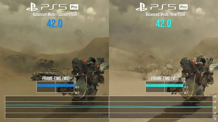 PSSR-Vergleichsfoto von Monster Hunter Wilds mit identischer Frames per Second