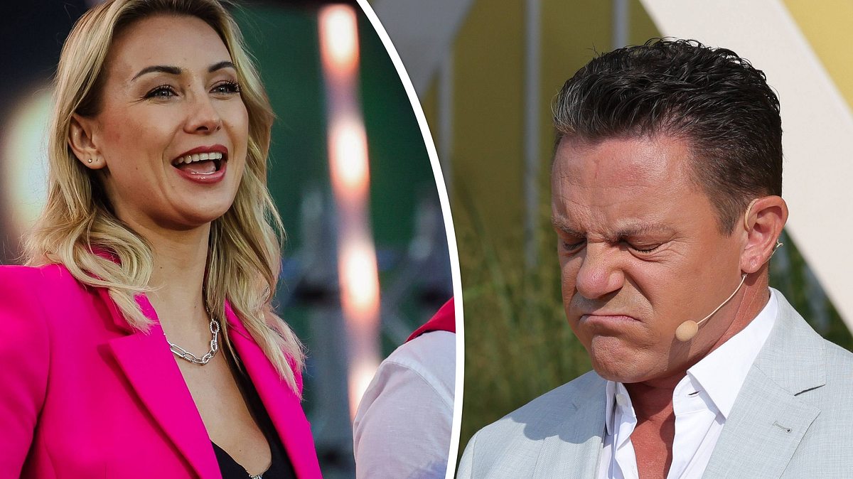 Collage: links lächelt Anna-Carina Woitschack und rechts hat Stefan Mross einen saueren Blick