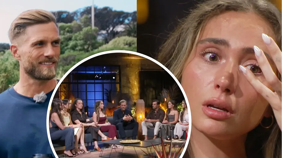 Nadja Vorwürfe Bachelor Sebastian Paul Collage: Sebastian Paul schaut irritiert zur Seite, in der Mitte eine Szene aus dem Bachelors-Wiedersehen, rechts Nadja weinend.