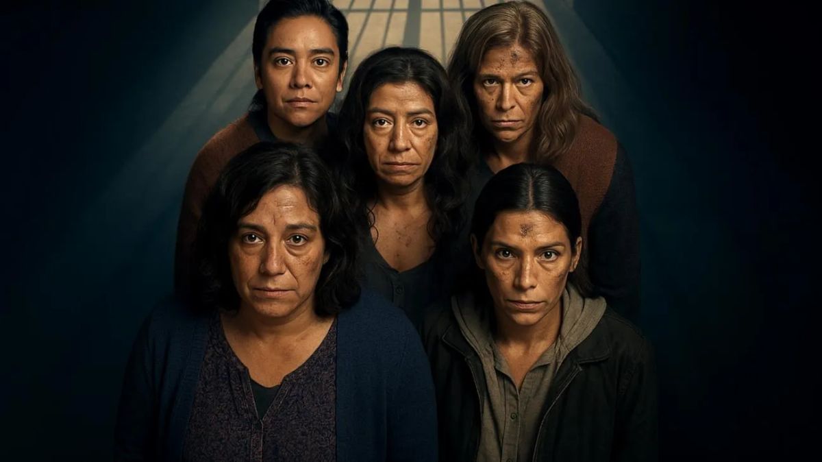 Promobild zur Netflix-Serie „Im Dreck“: Fünf Frauen blicken ernst in die Kamera, sie spielen Insassinnen im Frauengefängnis „La Quebrada“.