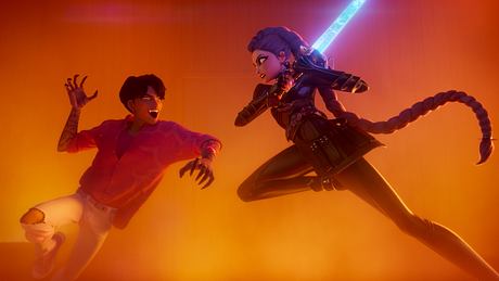 Rumi und Jinu bekämpfen einander. Er hat seine Krallen ausgefahren und sie zückt ihr Laserschwert - Foto: NETFLIX