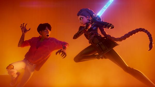 Rumi und Jinu bekämpfen einander. Er hat seine Krallen ausgefahren und sie zückt ihr Laserschwert - Foto: NETFLIX