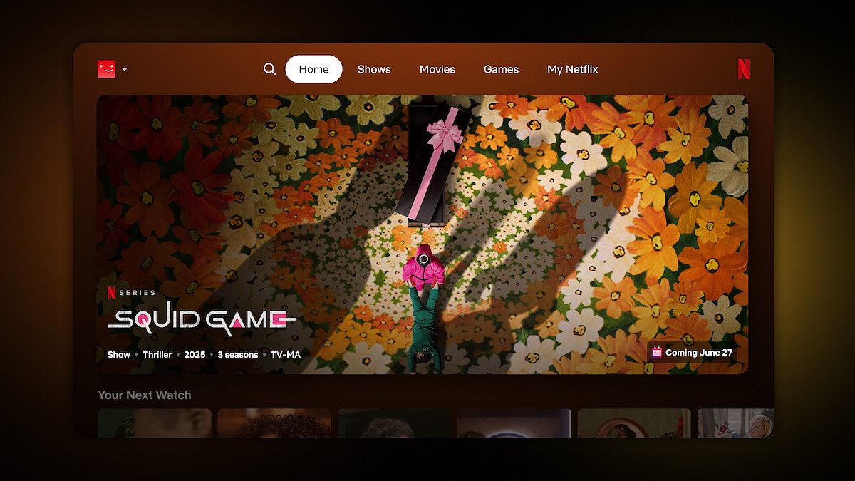 Netflix wurde komplett aufpoliert Die Netflix-Startseite in neuer Optik. „Squid Game“ nimmt als Serienvorschlag den größten Teil des Bildes ein.