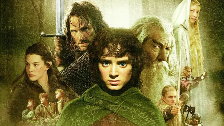 „Der Herr der Ringe“ Das Bild zeigt mehrere Hauptfiguren aus „Der Herr der Ringe“ rund um Frodo Beutlin im Vordergrund. So auch Aragorn, Gandalf und Legolas.