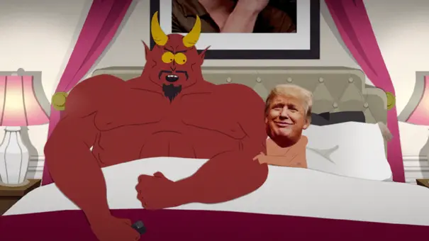 Der Teufel und Donald Trump liegen gemeinsam im Bett. - Foto: Comedy Central