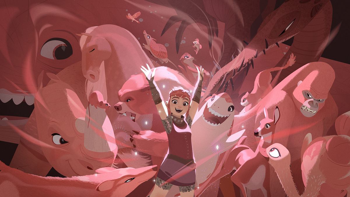 Netflix' Nimona Nimona umgeben von einer Reihe von pinken Tieren