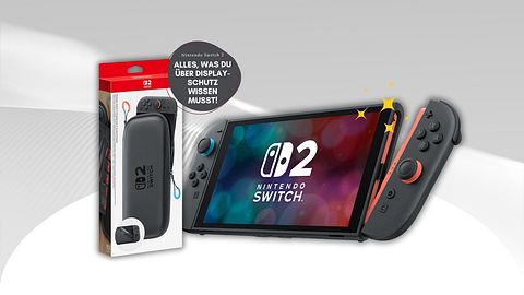 Nintendo Switch 2 mit Sparkles am Display, links daneben ist die Verpackung der Nintendo Switch 2 Tasche und Displayschutzfolie abgebildet. - Foto: TVMovie / PR