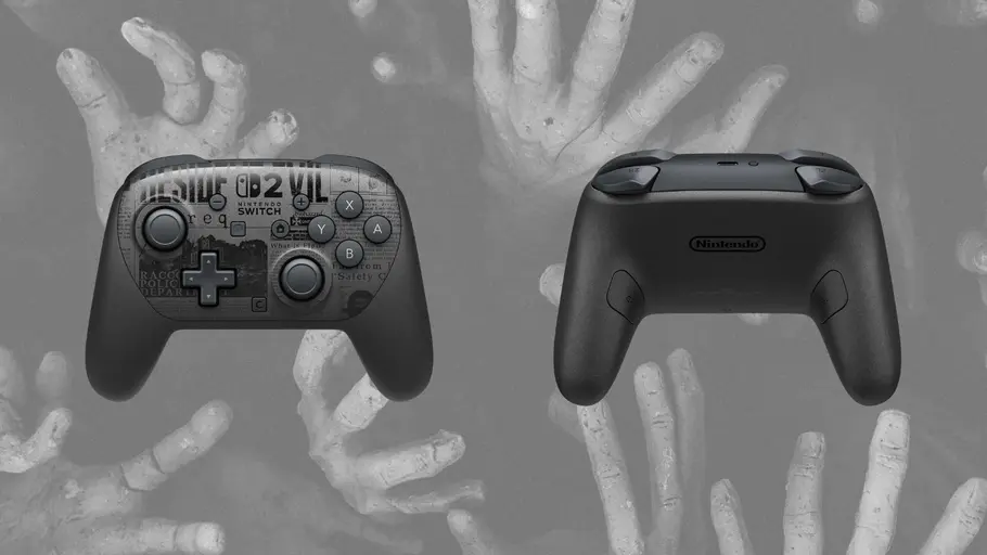Vorder- und Hinteransicht vom Nintendo Switch 2 Pro Controller Resident Evil Requiem Edition vor Gruselhintergrund
