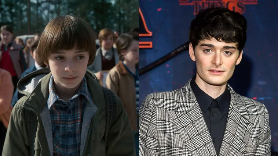 Noah Schnapp als Will in Stranger Things Zwei Bilder nebeneinander: Links die Figur Will Byers aus „Stranger Things“ als Kind mit Topfschnitt, rechts der erwachsene Schauspieler Noah Schnapp im Anzug auf einem roten Teppich.