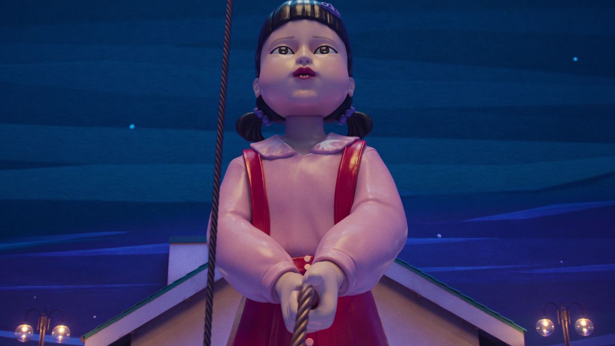 Nur in „Squid Game“ endet ein Spiel wie Seilspringen tödlich. Young-hee, die große Puppe, hält ein Seil.