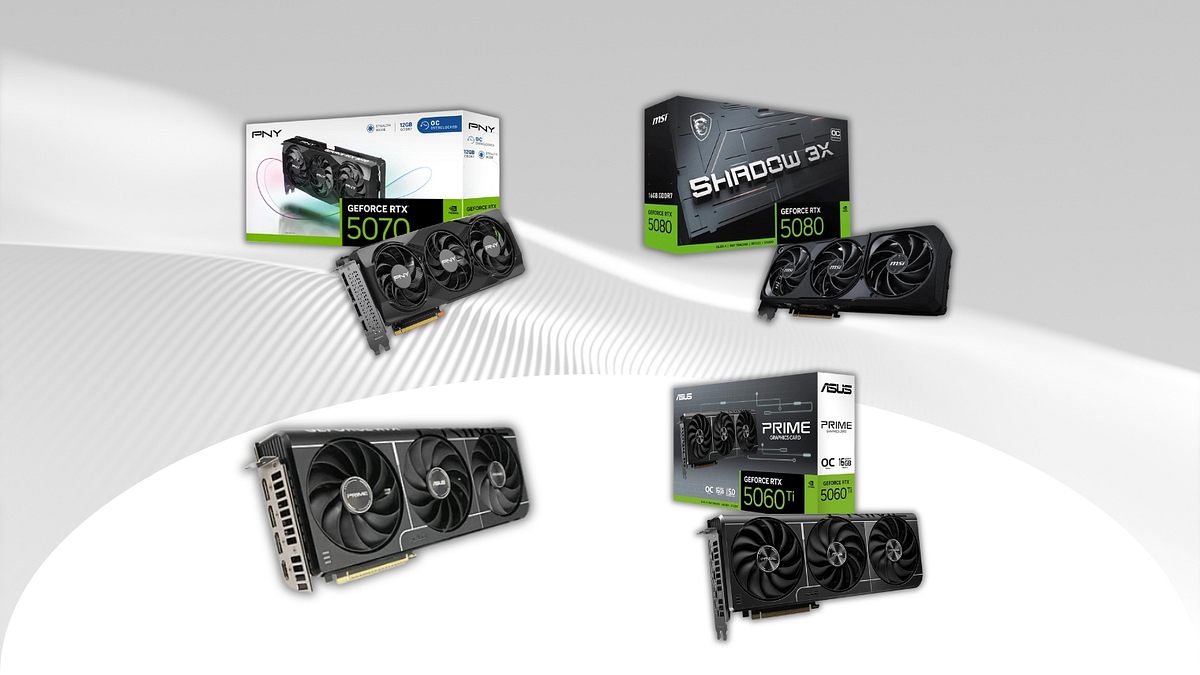 In der Collage sind mehrere Grafikkarten von NVIDIA der 50er-Serie angeordnet. Darunter etwa die ASUS Prime RTX 5060 Ti oder die MSI GeForce RTX 5080.
