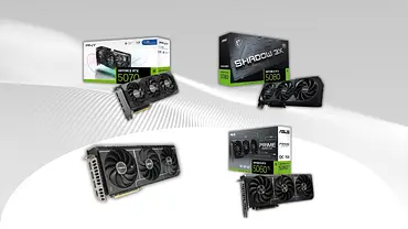 In der Collage sind mehrere Grafikkarten von NVIDIA der 50er-Serie angeordnet. Darunter etwa die ASUS Prime RTX 5060 Ti oder die MSI GeForce RTX 5080. - Foto: TVMovie / PR