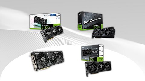In der Collage sind mehrere Grafikkarten von NVIDIA der 50er-Serie angeordnet. Darunter etwa die ASUS Prime RTX 5060 Ti oder die MSI GeForce RTX 5080. - Foto: TVMovie / PR