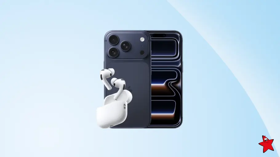 o2 Bundle iPhone 17 Pro + AirPods Pro 3 iPhone 17 Pro und AirPods Pro 3 nebeneinander hinter einem hellblauen Hintergrund mit TV-Movie-Sternchen