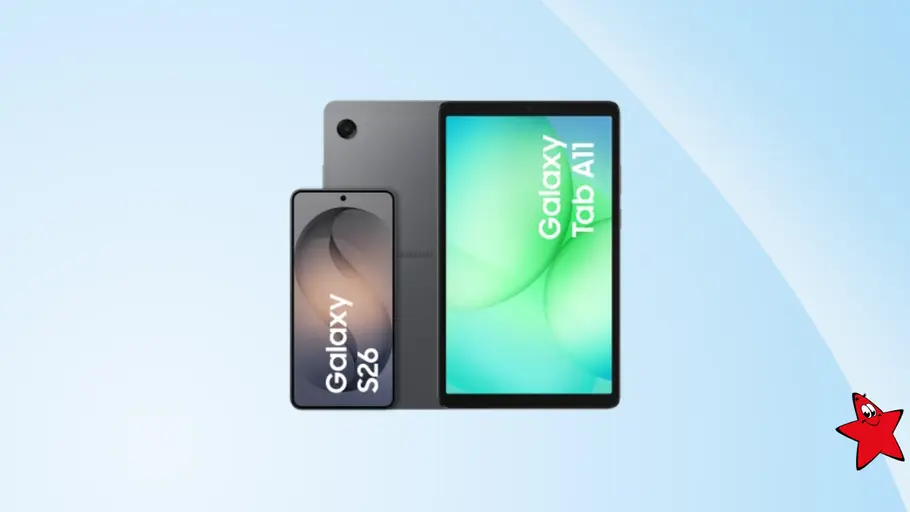 o2 Bundle mit Samsung Galaxy S26 und Tab A11 Samsung Galaxy S26 und Tab A11 nebeneinander hinter einem hellblauen Hintergrund mit TV-Movie-Stern