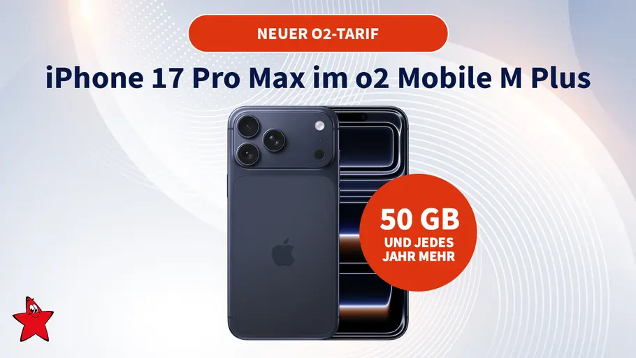 tvm-o2-bundle-iphone17promax iPhone 17 Pro Max im o2 Mobile M Plus Bundle vor einem grauen Hintergrund