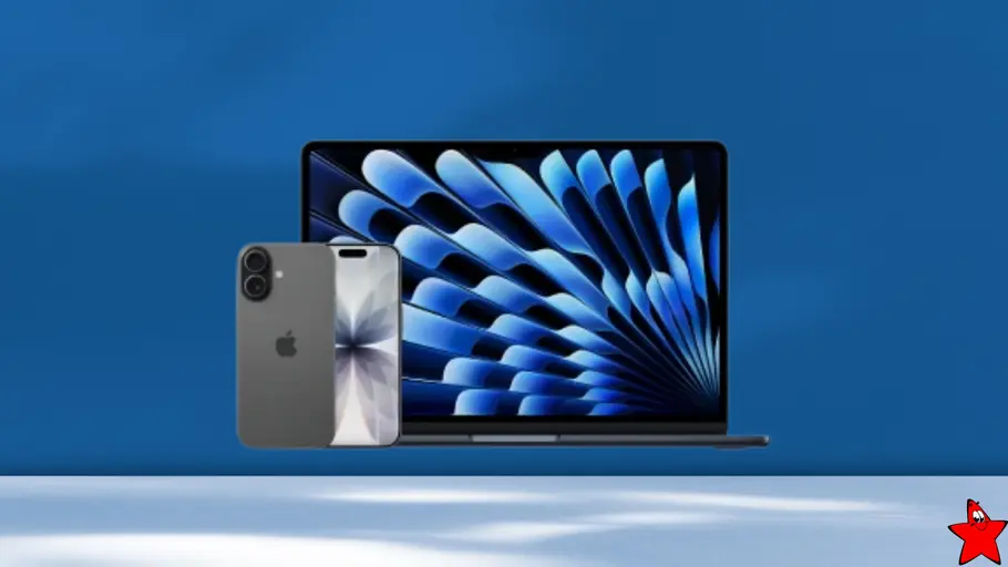 o2-iphone17-macbookair13-bundle-tvmovie iPhone 17 mit MacBook Air 13 vor einem blau weißen Hintergrund mit TV Movie Logo am Bildrand.