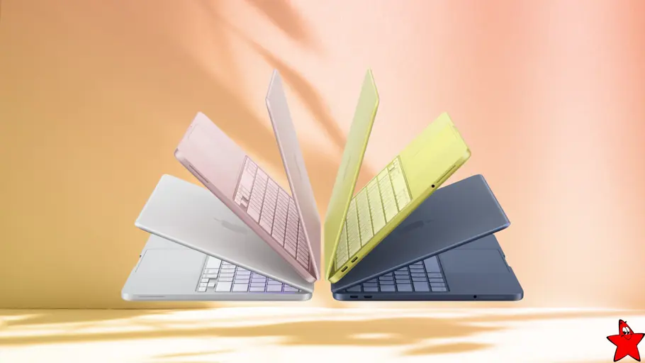 o2-macbook-neo-bundle-tvmovie MacBook Neo in vier verschiedenen Farben vor farbigen Hintergrund mit TV Movie-Logo unten rechts.