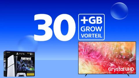 Auf einem blauen Hintergrund steht ein weißer Schriftzug mit 30+GB Grow Vorteil. Im Vordergrund sind Produktbilder einer PS5 und eines Fernsehers. - Foto: o2/TVM