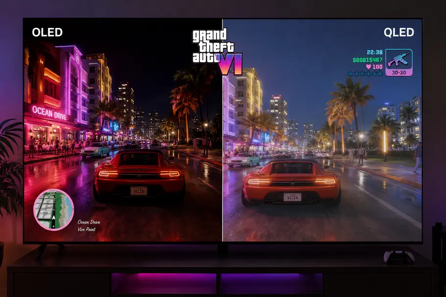 OLED vs QLED GTA 6 OLED vs QLED Vergleich bei einer KI-generierten Spielszene aus GTA 6