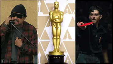 Leonardo DiCaprio, eine Oscar-Statue und Timothée Chalamet. - Foto: IMAGO / Future Image / TMDB