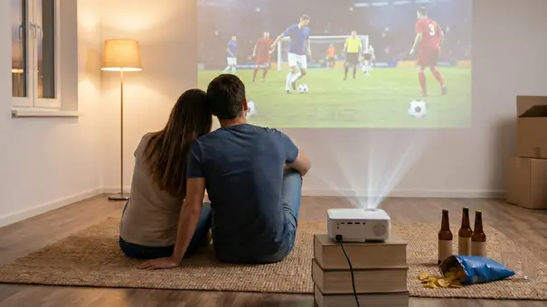 Paar in neuer Wohnung schaut Fußball per Beamer - Foto: TV Movie / KI Paar in neuer Wohnung schaut Fußball per Beamer - Foto: TV Movie / KI
