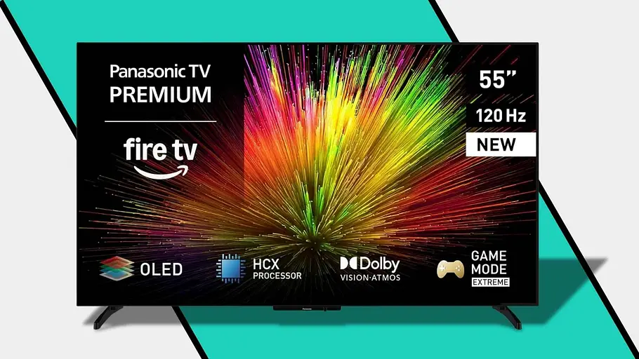 Panasonic OLED TV mit 55 Zoll Panasonic OLED TV mit 55 Zoll als Freisteller vor farbigem Hintergrund