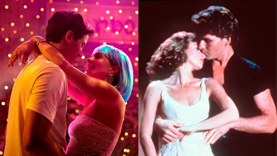 Links ein Paar beim Tanzen in einer bunten, lila-pink beleuchteten Kulisse, lächelnd und verliebt anblickend. Rechts eine bekannte Tanzszene aus „Dirty Dancing“ mit einem Paar, das sich eng umarmt, die Frau in einem weißen Kleid, der Mann im schwarzen Hemd.
