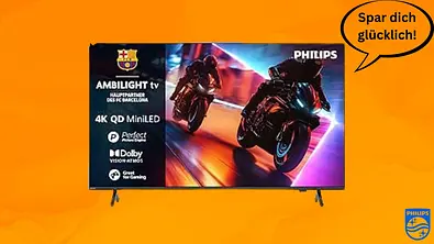 Philips Ambilight TV vor Orangenen Hintergrund. - Foto: Amazon / PR
