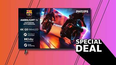 Der Ambilight TV von Philips mit 65 Zoll  und ein Special-Deal-Schriftzug vor farbigem Hintergrund - Foto: TVM/PR