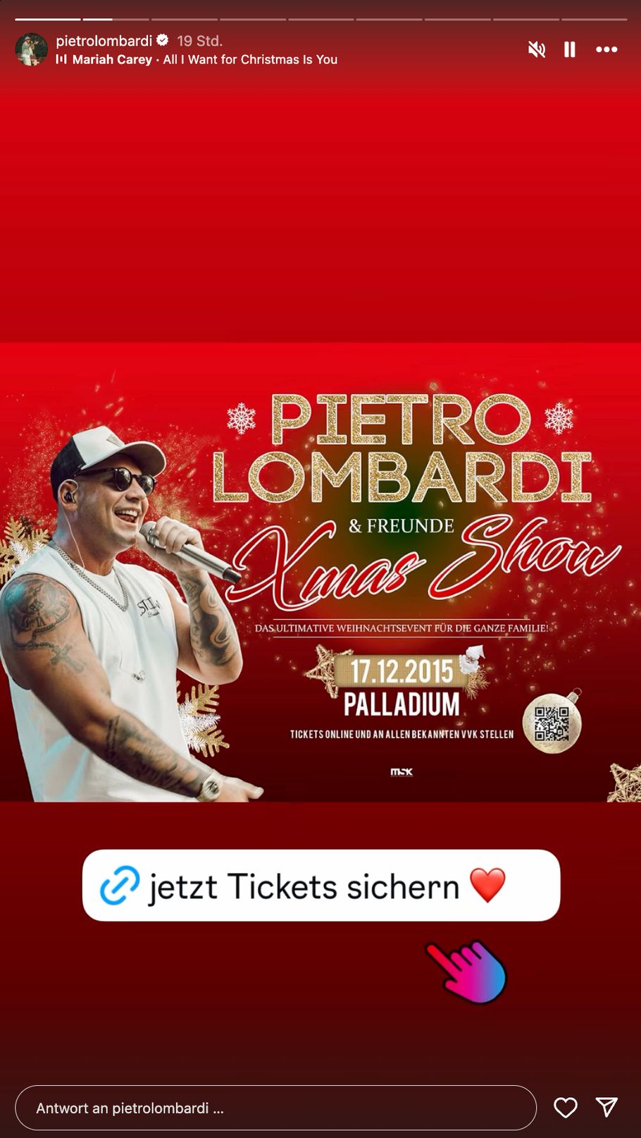 Pietro Lombardis Instagram-Story, in der er für sein Event wirbt. Zu sehen ist der Flyer für das Christmas-Konzert.