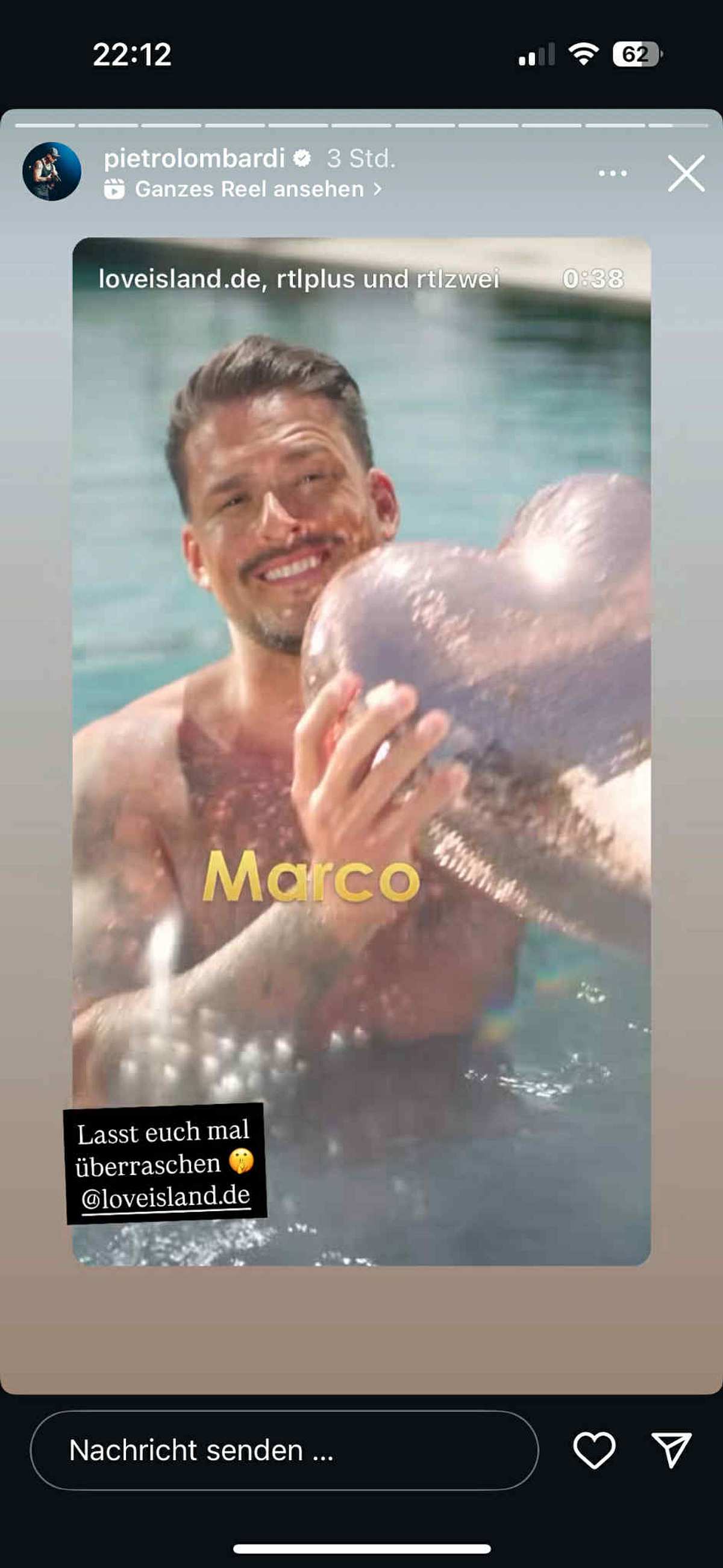 Szene aus der neuen Love Island VIP-Staffel mit Marco: Pietro Lombardi teilte das Video in seiner Instagram-Story und schrieb dazu Lasst euch mal überraschen.