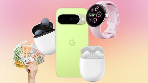 Earbuds, ein Pixel Smartphone und eine Pixel Watch vor einem Hintergrund mit Farbverlauf. Unten ist eine Hand mit Euro Scheinen zu sehen - Foto: Amazon/PR