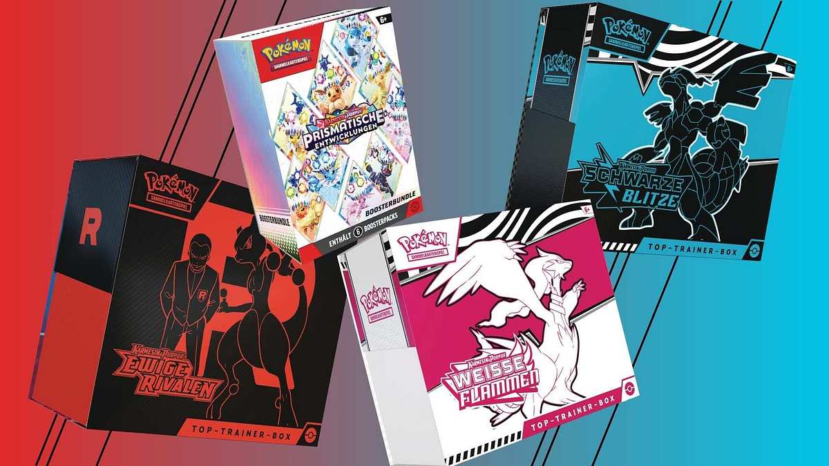 Pokémon-Karten im Angebot bei Amazon Mehrere Produkte zu Pokémon-Karten vor einem rot-blauen Hintergrund
