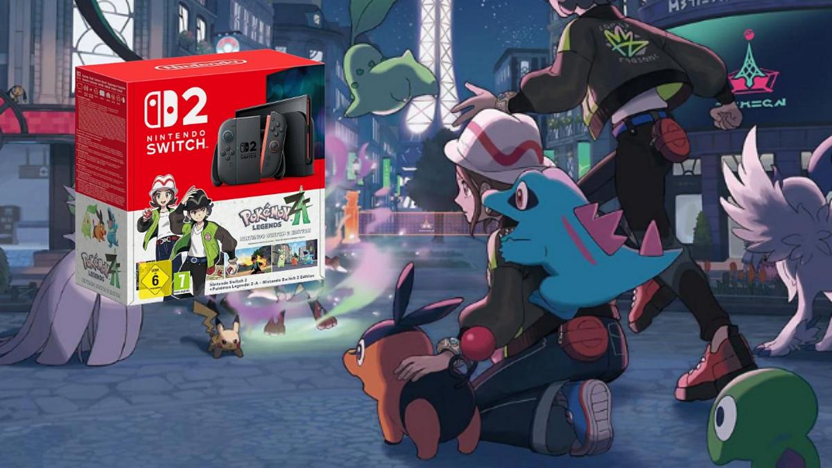 Ein Szene aus dem Pokémon Spiel Legenden Z-A. Daneben die Verpackung vom zugehörigen Bundle.