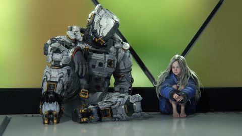 Ein Raumfahrer und ein kleines blondes Mädchen sitzen auf einer Raumstation nebeneinander - Foto: Capcom