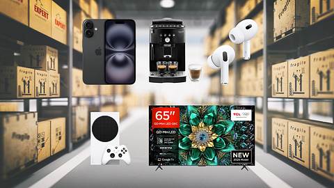 Bild eines Lagers im Hintergrund, im Vordergrund von links oben nach rechts unten: iPhone 16, DeLonghi Kaffeevollautomat, AirPods Pro 2, Xbox Series X und ein Smart TV von TCL. - Foto: TVMovie / PR
