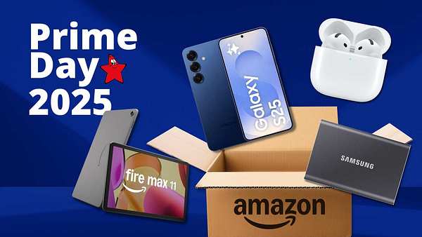 Verschiedene Technik-Produkte, unter anderem ein Smartphone, Kopfhörer und eine Festplatte, neben einem Prime Day 2025 Schriftzug - Foto: TVM/PR