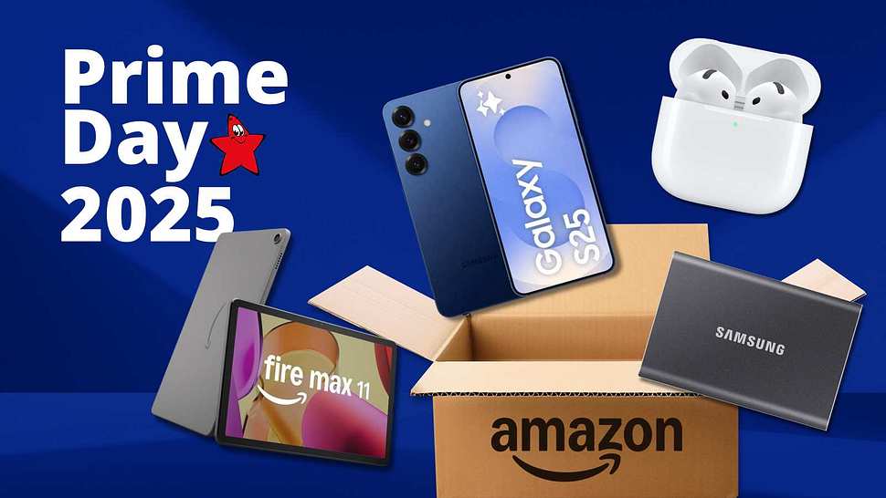 Verschiedene Technik-Produkte, unter anderem ein Smartphone, Kopfhörer und eine Festplatte, neben einem Prime Day 2025 Schriftzug - Foto: TVM/PR