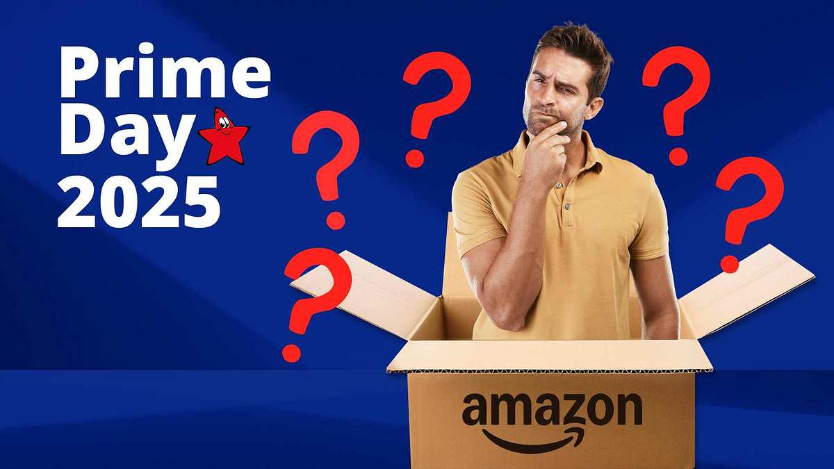 Prime Day 2025 Bestseller Mann blickt skeptisch aus einem großen Amazon-Karton heraus und ist mit vielen Fragezeichen und dem Prime Day 2025 Schriftzug