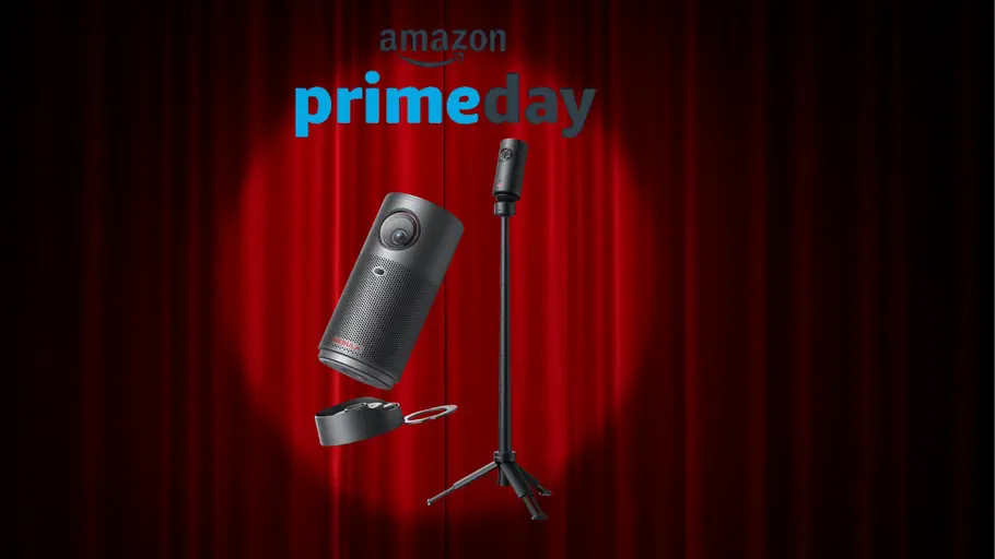 Aufmacherbild Prime Day Nebula Capsule Air Beamer Nebula Capsule Air Beamer vor einer Kinoleinwand mit Scheinwerferlicht im Mittelpunkt und Amazon Prime Day Logo