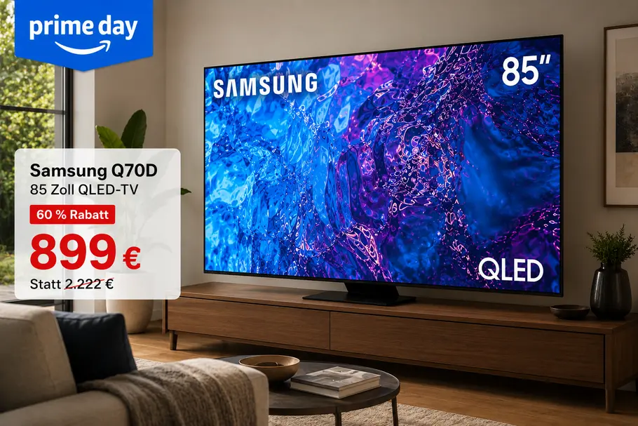 prime-day-samsung-85zolltv-amazon-tvmovie-rabatt Samsung QLED Fernseher in einem Wohnzimmer mit Prime Day Logo und Rabattkarte.