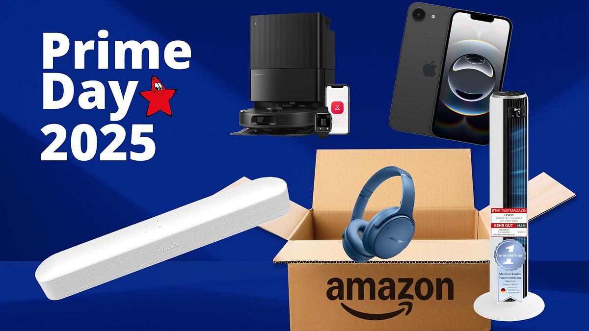 Prime Day Top 5 Verschiedene Produkte die es am Prime Day günstiger gibt kommen aus einer Kiste geflogen.