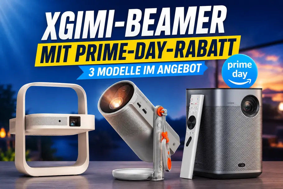 prime-day-xgimi-amazon-deal Drei XGIMI Beamer mit Prime-Day-Banner und Prime Day Logo