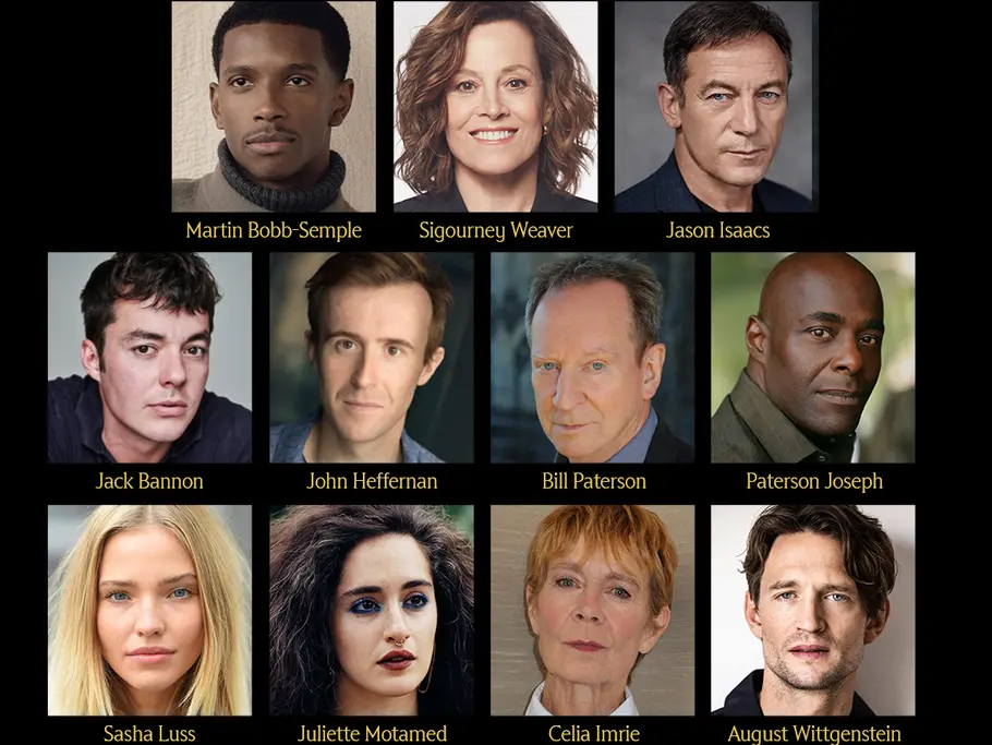 Porträtfotos von elf neuen Darsteller:innen der „Tomb Raider“-Serie, darunter Martin Bobb-Semple, Sigourney Weaver, Jason Isaacs, Jack Bannon, John Heffernan, Bill Paterson, Paterson Joseph, Sasha Luss, Juliette Motamed, Celia Imrie und August Wittgenstein. Darunter steht: „New cast confirmed for Tomb Raider series. Amazon MGM Studios“.