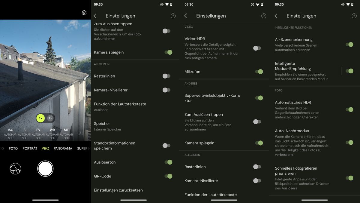 Pro-Modus Vier Screenshots eines Einstellungsmenüs.
